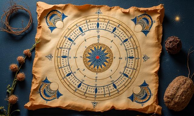 Ilustrace natální karty s astrologickými symboly