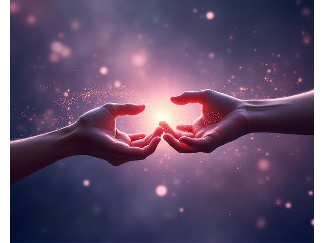 Dvě ruce propletené na pozadí hvězdné mlhoviny, symbolizující partnerství