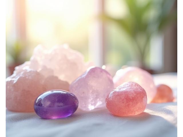 Různé lesklé léčivé krystaly položené na dřevěném stole s jemným světlem