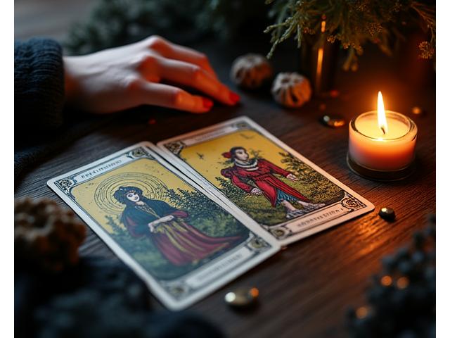 Tarotové karty rozevřené na tmavém stole s tlumeným světlem