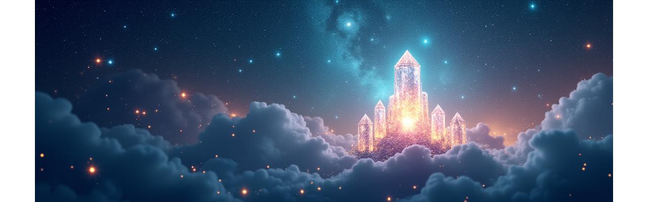 Mystická scéna s hvězdami, křišťály a esoterickými symboly představující workshopy Zodiakálního Atolu